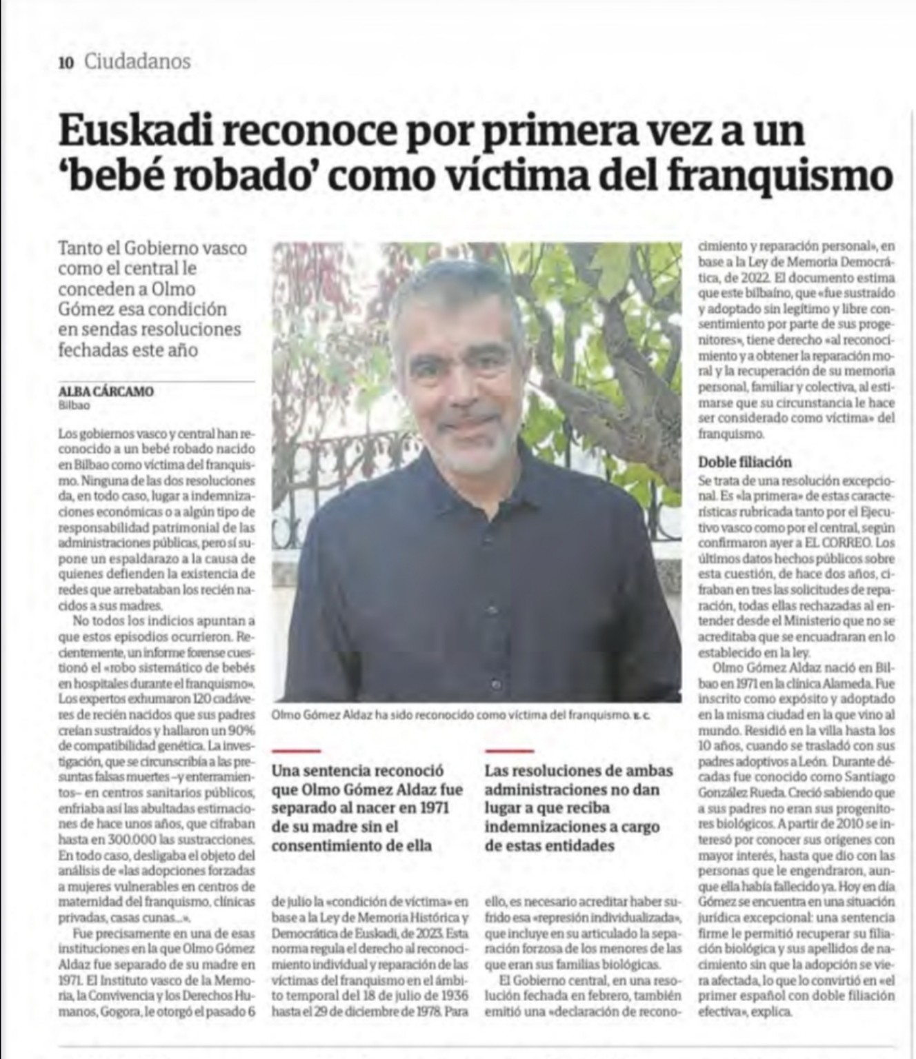 Página de la edición impresa de El Correo con el titular Euskadi reconoce por primera vez a un bebé robado como víctima del franquismo