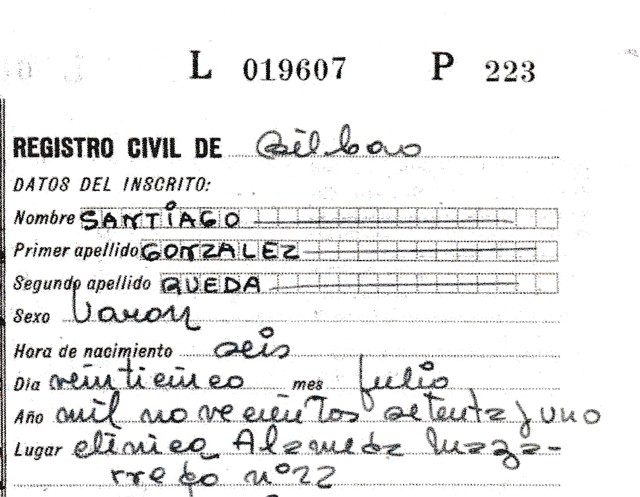 Partida literal de nacimiento. Registro Civil de Bilbao